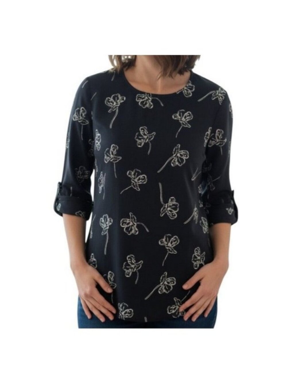Gerry Weber Navy White Floral Print Blouse 3/4 Sleeve Women Size Small